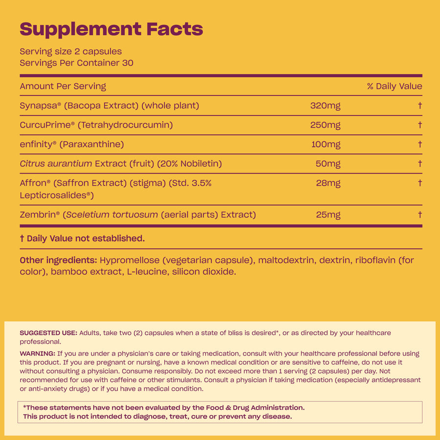 BLISS Supplement Facts panel